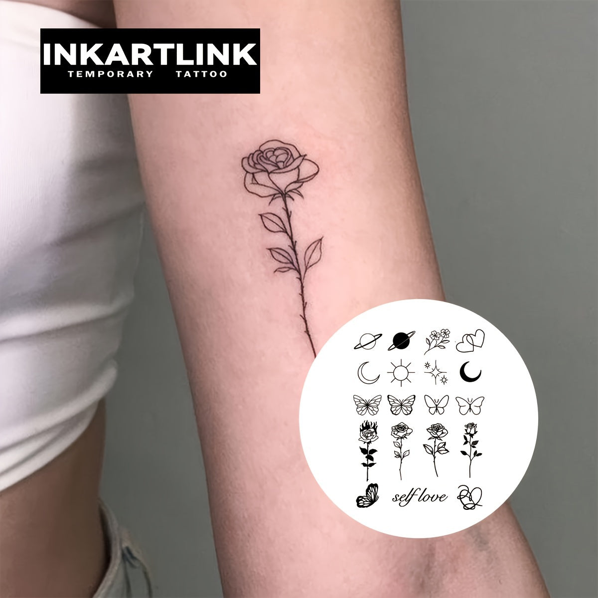 Temporary Tattoos
INKARTLINK Temporary Tattoo Sheet with Rose, Flowers, Self Love, Butterflies, Moons – Waterproof, Authentic Look, Plant Designs for Teens – Oblong Shape, Long-Lasting Y2K Aesthetic Body Art Stickers