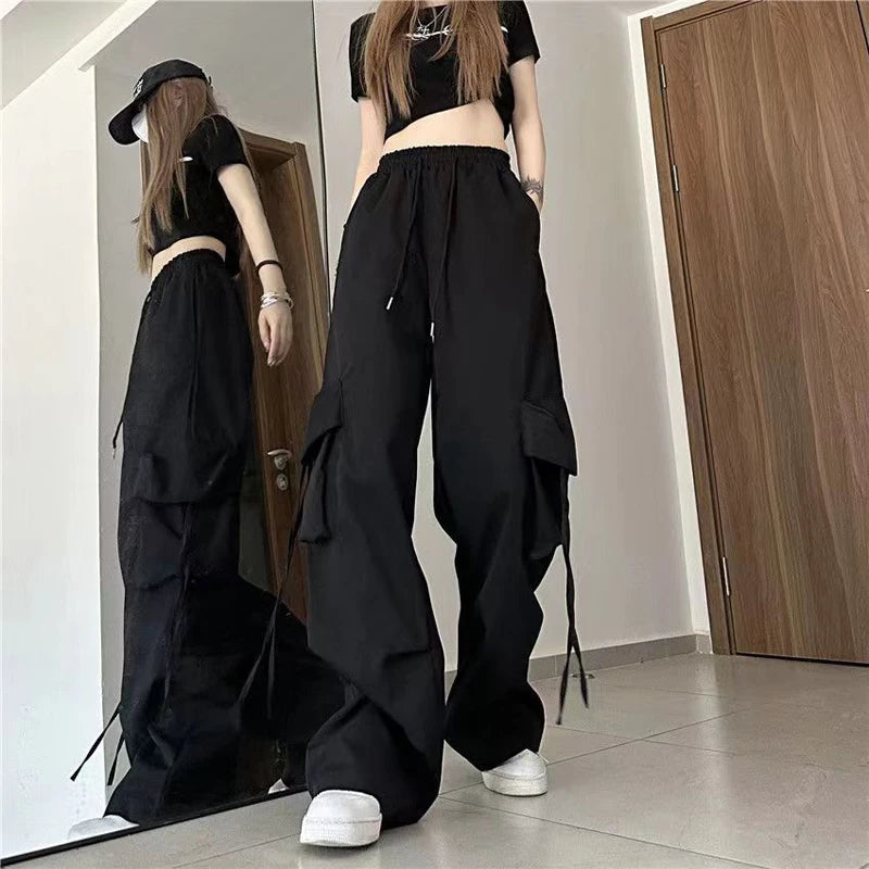 Pants High Waist Streetwear Hip Hop Trousers Female Big Pockets Casual Low Waist Drawstring Baggy Sweatpants