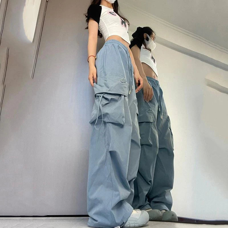 Pants High Waist Streetwear Hip Hop Trousers Female Big Pockets Casual Low Waist Drawstring Baggy Sweatpants