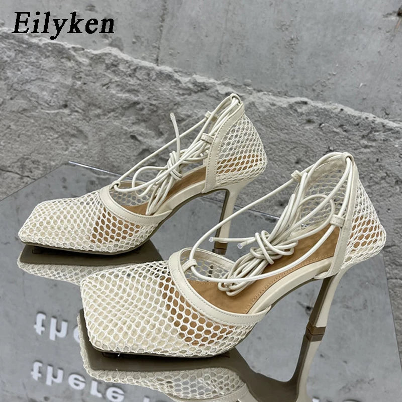WOMEN SANDALS Sexy Mesh Pumps Sandals Female Square Toe High Heel Lace Up Cross-Tied Stiletto Hollow Dress Shoes Zapatos Mujer