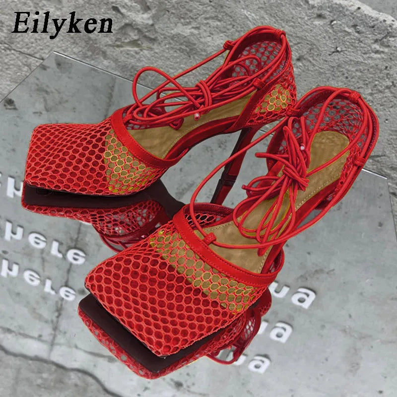WOMEN SANDALS Sexy Mesh Pumps Sandals Female Square Toe High Heel Lace Up Cross-Tied Stiletto Hollow Dress Shoes Zapatos Mujer