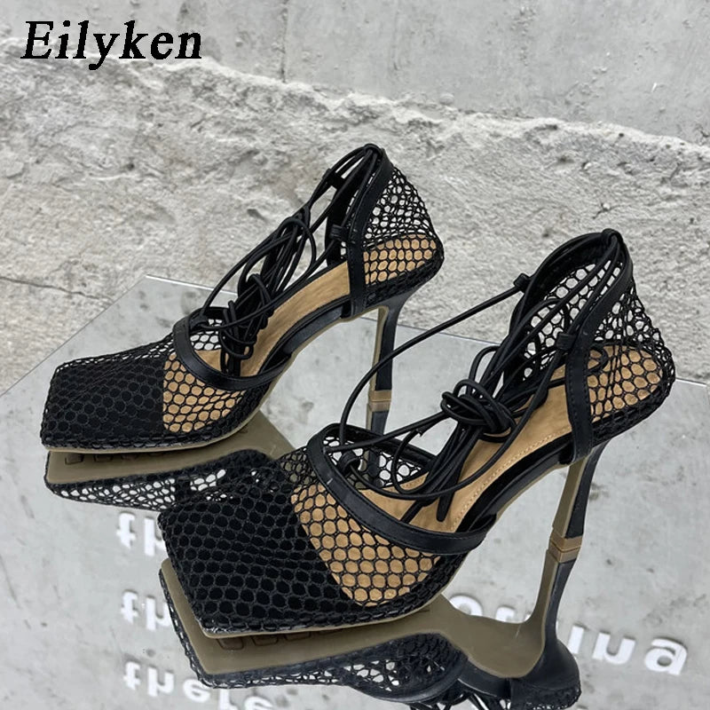 WOMEN SANDALS Sexy Mesh Pumps Sandals Female Square Toe High Heel Lace Up Cross-Tied Stiletto Hollow Dress Shoes Zapatos Mujer