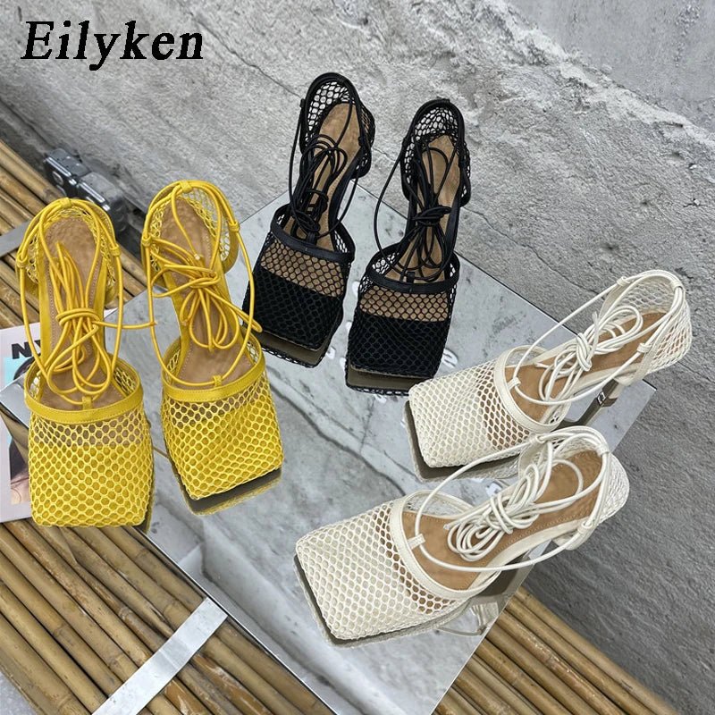 WOMEN SANDALS Sexy Mesh Pumps Sandals Female Square Toe High Heel Lace Up Cross-Tied Stiletto Hollow Dress Shoes Zapatos Mujer