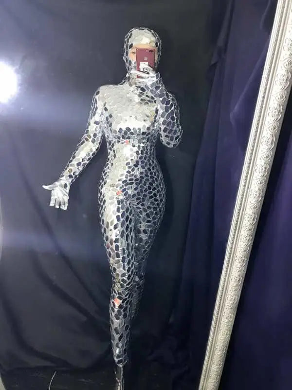 Exotic
Sexy Women Silver mirror bodysuit dj stage performance wears outfits bar jumpsuit robot dance costume