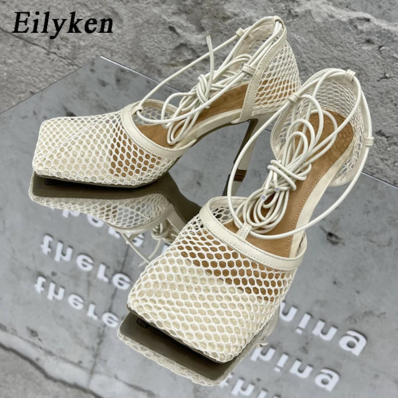 WOMEN SANDALS Sexy Mesh Pumps Sandals Female Square Toe High Heel Lace Up Cross-Tied Stiletto Hollow Dress Shoes Zapatos Mujer