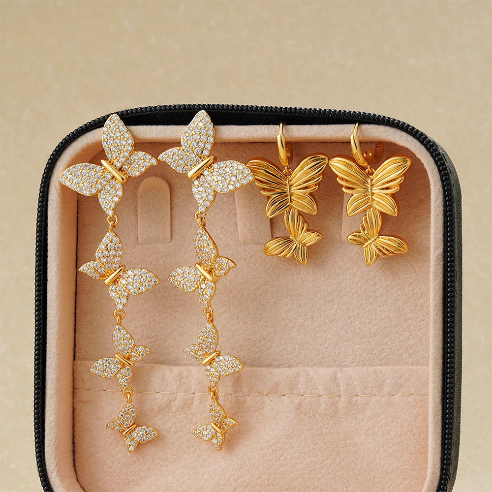 Earring Luxury Cubic Zircon Butterfly Drop Earrings for Women Gold Plated Insect Long Tassel Dangle Earring Engagement Jewelry Gifts