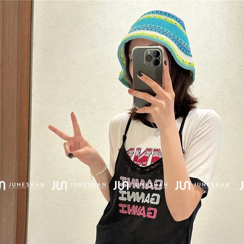 Hat Women Crochet Bucket hat Handmade Summer Knit Hat Striped Beanie Beach hat woman designer luxury
