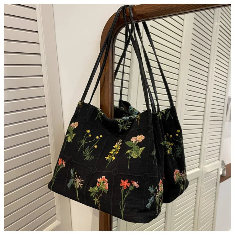 Handbags Large-capacity Embroidered Tote Bag Women Summer Trendy Cloth Bag Niche Embroidery Shoulder Bag Texture Bucket Bag Canvas Bag