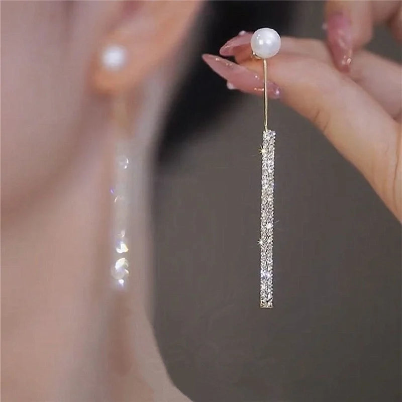 Earring Korean Long Tassel Pearl Dangle Earrings for Women Luxury Full Rhinestone Gold Color Drop Earrings Wedding Party Jewelry Gift