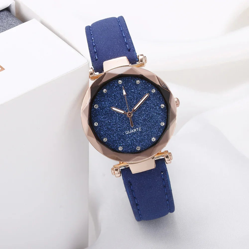 Women Watch Round Face Rhinestone Star Sky Silver Pink Women for Watch Leisure Fashion Trend Frosted Belt Vintage Black Quartz Wristwatch