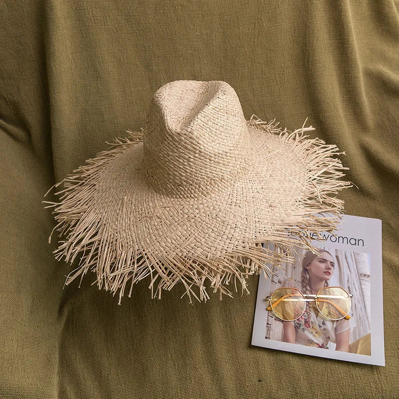 Hat Handmade Big Brim Hat Oversized Tassel Burrs Women Men Straw Sun Brim Hats Natural Raffia Panama Beach Summer Hat
