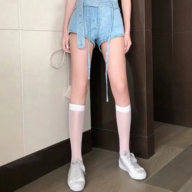 Stockings
1/2pairs Lolita Silk Socks Knee Socks Tube Jk Girls Socks See Through White Black Long Socks Lolita Nylon Knee Lolita Stockings