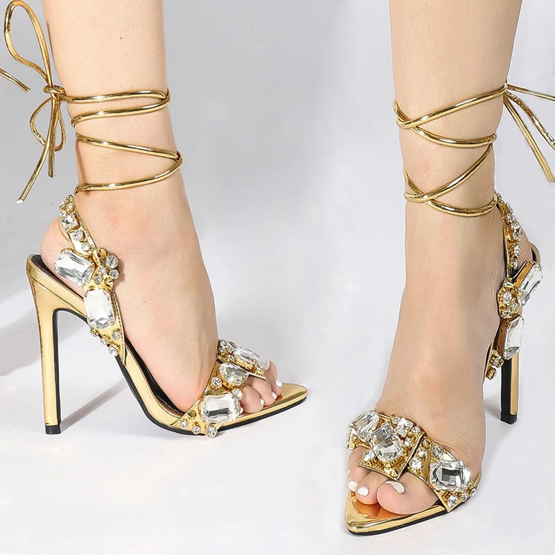 WOMEN SANDALS Sexy Ankle Strap Golded Sandals Women Party Nightclub Stripper Heels High Quality Crystal Diamond Pointed Toe Wedding Shoe