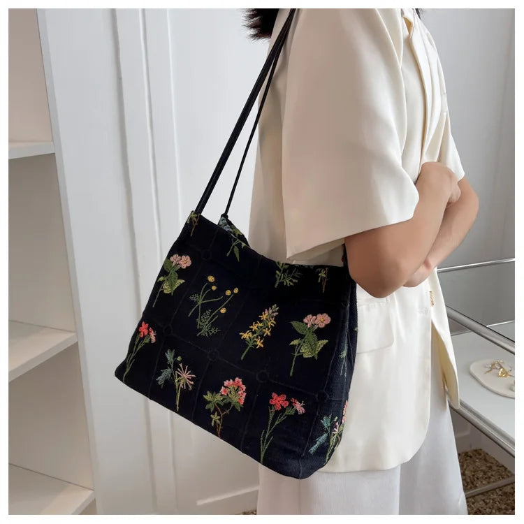 Handbags Large-capacity Embroidered Tote Bag Women Summer Trendy Cloth Bag Niche Embroidery Shoulder Bag Texture Bucket Bag Canvas Bag