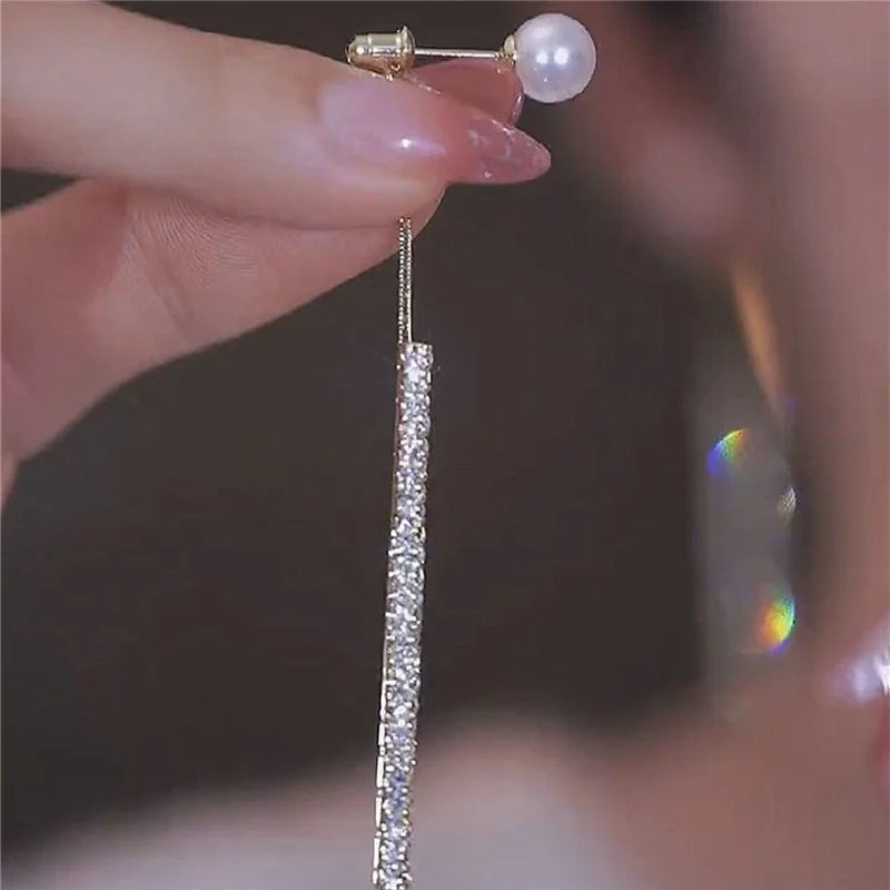 Earring Korean Long Tassel Pearl Dangle Earrings for Women Luxury Full Rhinestone Gold Color Drop Earrings Wedding Party Jewelry Gift