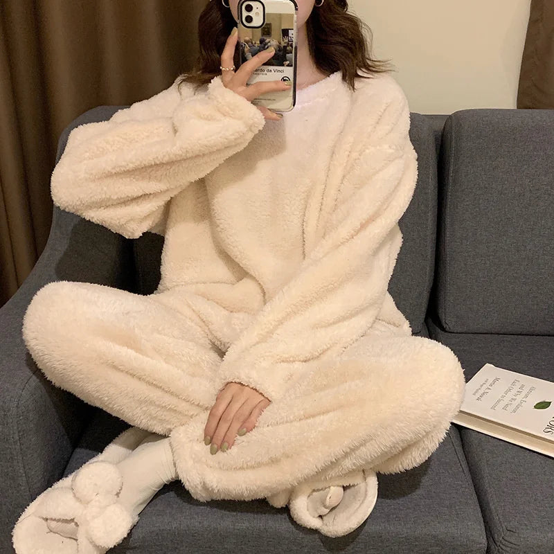 Winter Warm Sleepwear
Winter Fleece Women Pajamas Set Sleepwear Solid Velvet 2 Piece Pant Home Suit Fluffy Casual Warm Flannel Night Wear