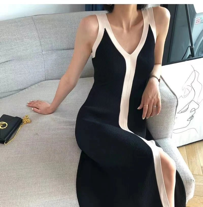 Knitted-Dress V-neck Maxi Dress Sexy Sling Sleeveless Dresses