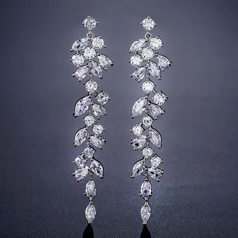 Earring Luxury Zirconia Crystal Long Leaf Drop Dangle Clip on Earrings for Women Bridal Wedding Party Without Piercing Earrings Jewelry