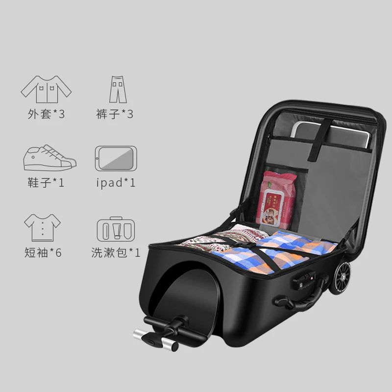 Travel Bag New design lazy baby sit on scooter luggage kids carry on travel suitcase bag boarding skateboard creative trolley case