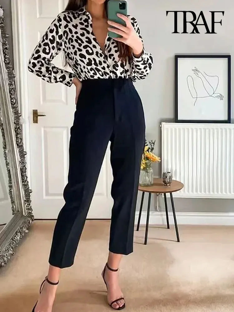 Pants Women Fashion With Pockets Casual Basic Solid Pants Vintage High Waist Zipper Fly Female Ankle Trousers Pantalones Mujer