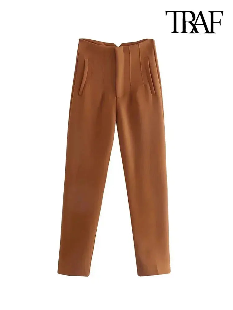 Pants Women Fashion With Pockets Casual Basic Solid Pants Vintage High Waist Zipper Fly Female Ankle Trousers Pantalones Mujer
