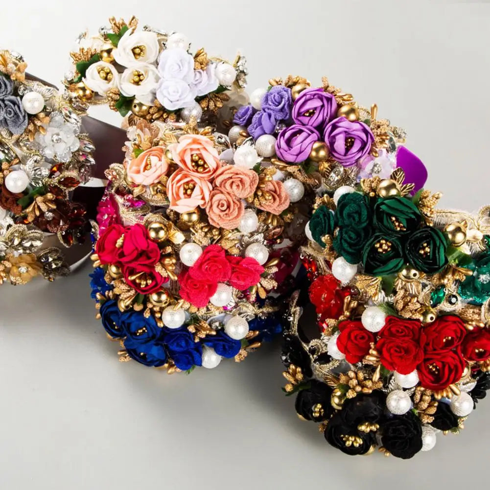 Elegant Look Vintage Headband Wide Vintage Luxury Women's Hair Hoop with Fake Flower Faux Pearl Shiny Rhinestone Decor Colorful Anti-slip