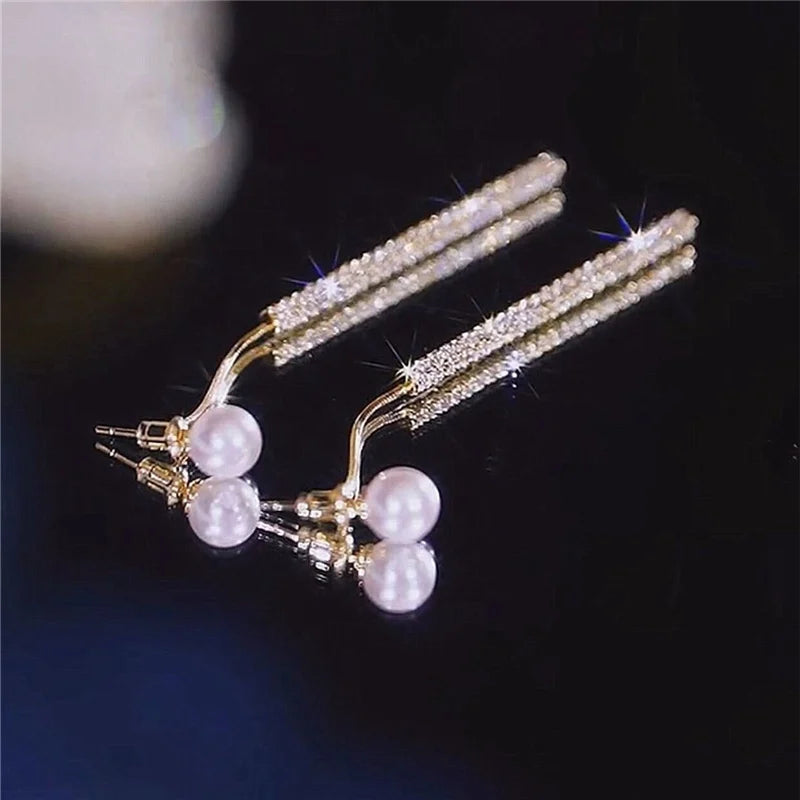 Earring Korean Long Tassel Pearl Dangle Earrings for Women Luxury Full Rhinestone Gold Color Drop Earrings Wedding Party Jewelry Gift