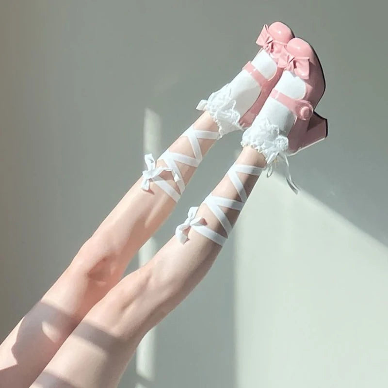 Stockings
Japanese Lace Cross Straps Tie Leg Socks Jk Women Cotton Sexy Stockings Socks Thin Women's Middle Tube Socks Party Long Socks