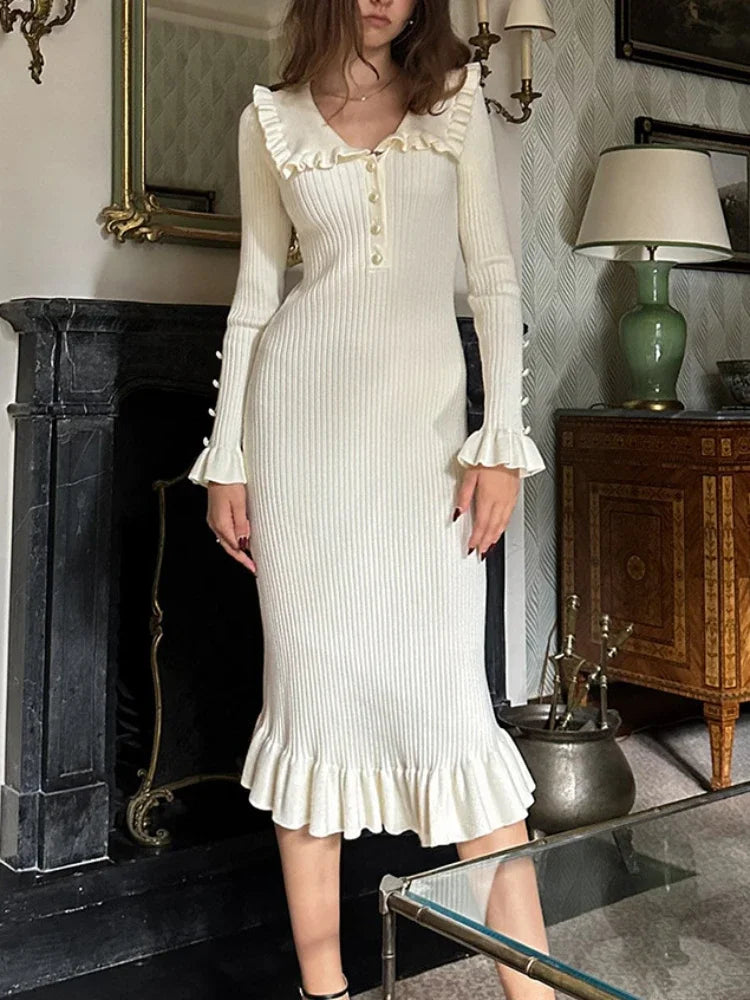 Knitted-Dress High Waist Ruffled Maxi Dresses For Women