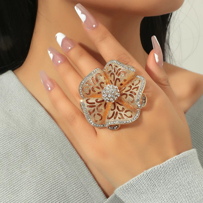 Luxury Rings Luxury Big Flower Zircon Rings Women Indian Jewelry Classic Hollow Gold Color Adjustable Ring Female Gifts Dropshipping
