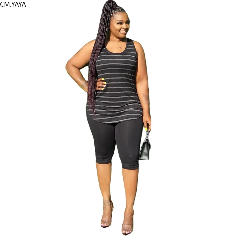 Plus Size XL-5XL Sport two piece set Tracksuit Striped Tank Tops Knee Length jogger Suit Sweatpants Matching Set