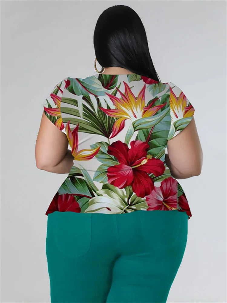Plus Size Two Piece Outfits Pants Sets Women Summer Clothes Printed Top Solid Leggings Matching Wholesale Dropshipping