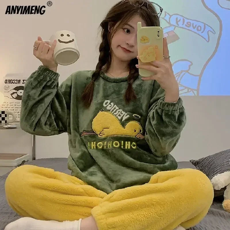 Winter Warm Sleepwear
Winter Cute Duck Flannel Pajamas Set for Women Kawaiii Pattern Teddy Sleepwear for Girl Fashion Pullover Velvet Woman's Pijamas