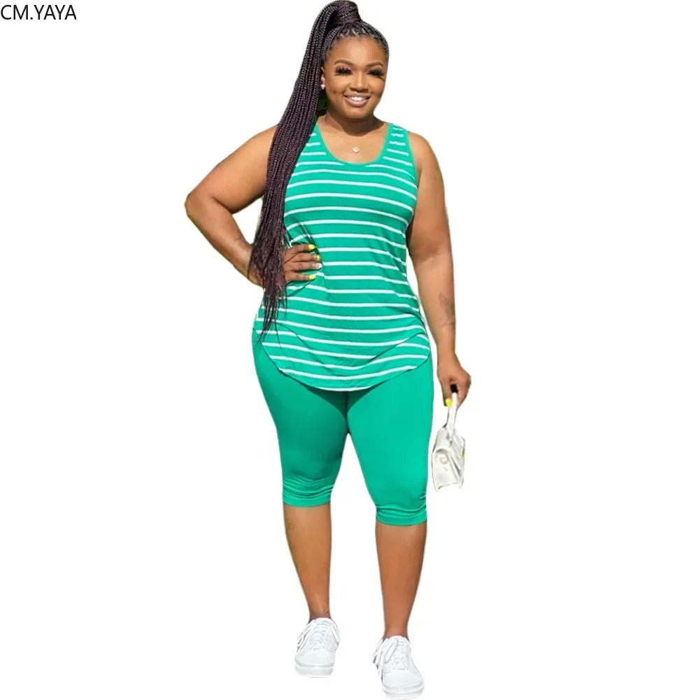 Plus Size XL-5XL Sport two piece set Tracksuit Striped Tank Tops Knee Length jogger Suit Sweatpants Matching Set