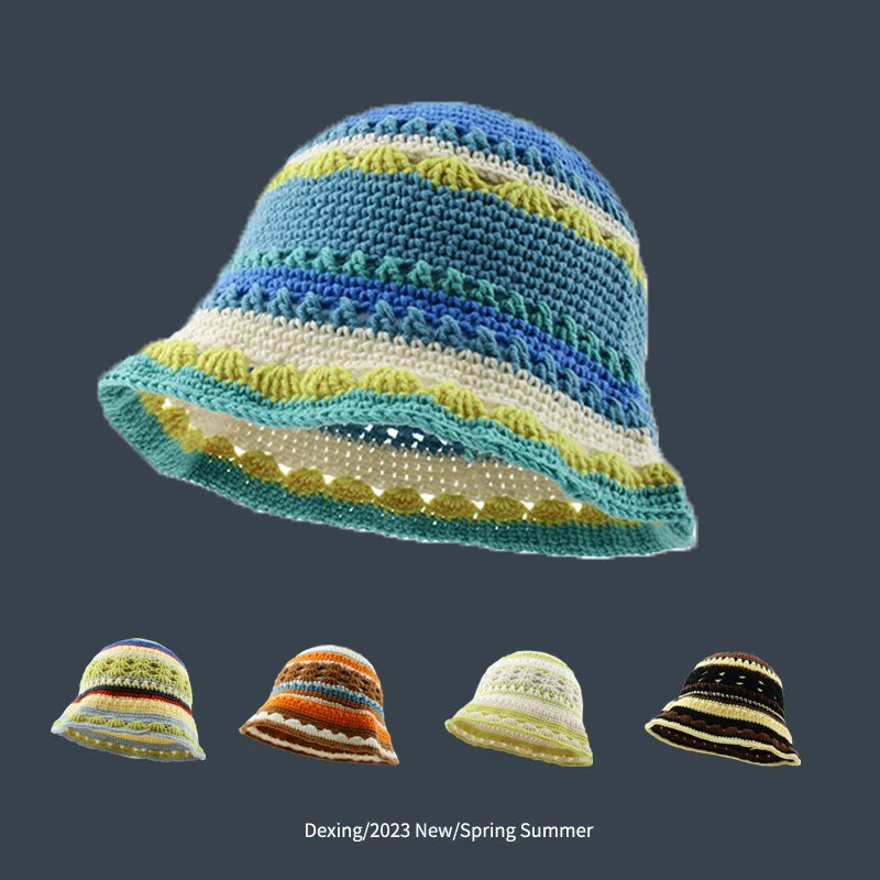 Hat Women Crochet Bucket hat Handmade Summer Knit Hat Striped Beanie Beach hat woman designer luxury