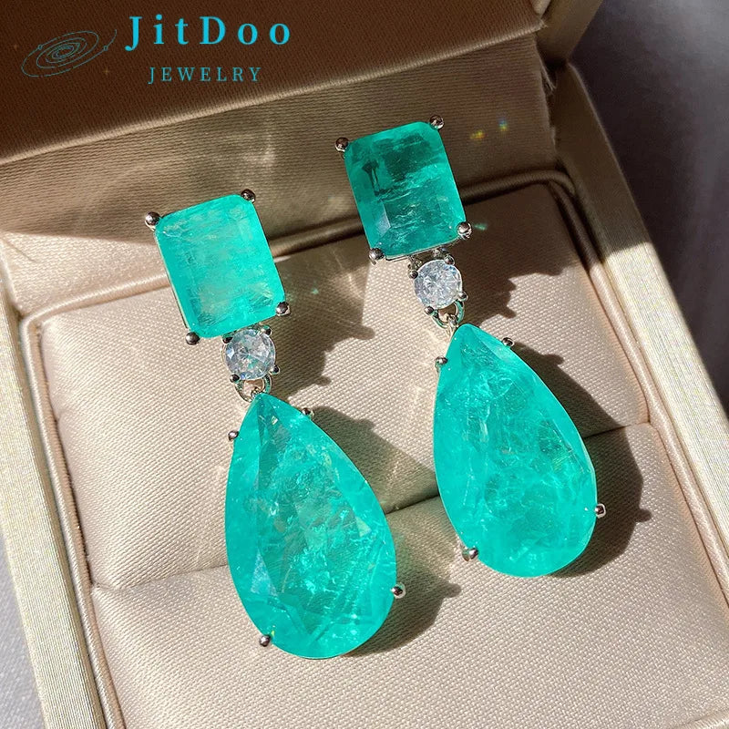 Earring JitDoo Paraiba Earrings Silver 925 for Women Tourmaline Emerald Big Drop Earrings Luxury Designer Fine Jewelry Christmas Gift