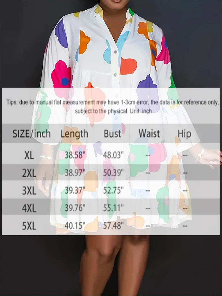 Plus Size 2023 Autumn New Floral Printed Women's Dresses,Casual Loose Button Fashion Streetwear Polyester V-Neck Pleated Dresses