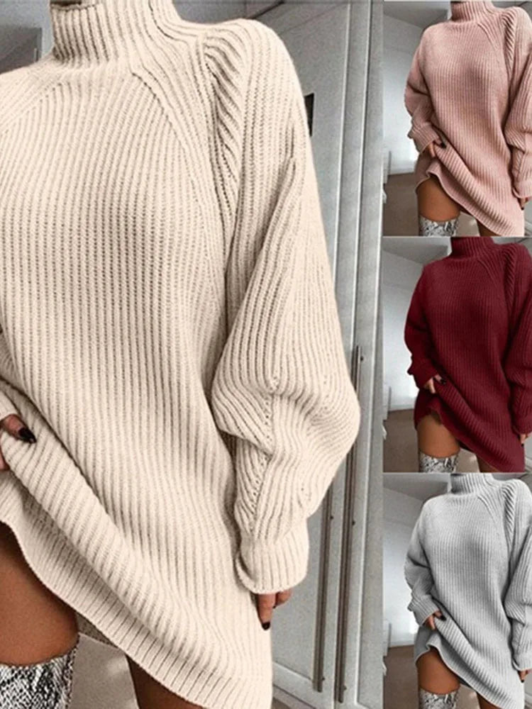 Knitted-Dress Oversized Knitted Dress Autumn Solid Long Sleeve Casual