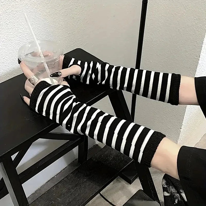 High Quality Y2K Winter Warm Long Sleeves Gloves for Men Women Fingerless Stripe Hip-Hop Knitted Elbow Mittens Elastic Outdoor Arm Warmer