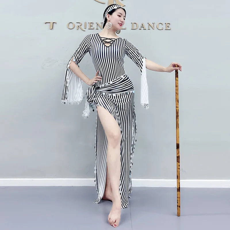 dancers
New Belly dance Bronzing Sequins Robe Baladi Folk Saidi Cane Dance 3pcs Costume Oriental Dance Dancing Clothes
