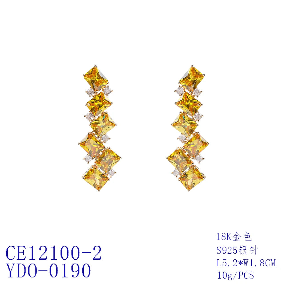 Earring Rectangle Green,Pink, Yellow Cubic Zirconia Crystal Dangle Drop Long Earrings Women Luxury Jewelry Accessories CE12100