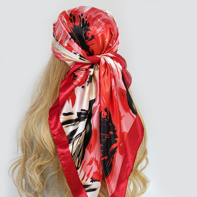 High Quality 90*90cm Hair Scarf Women Fashion Designer Beautiful Flowers Foulard Soft Satin Shawl Kerchief Square Silk Scarfs Neck Headscarf