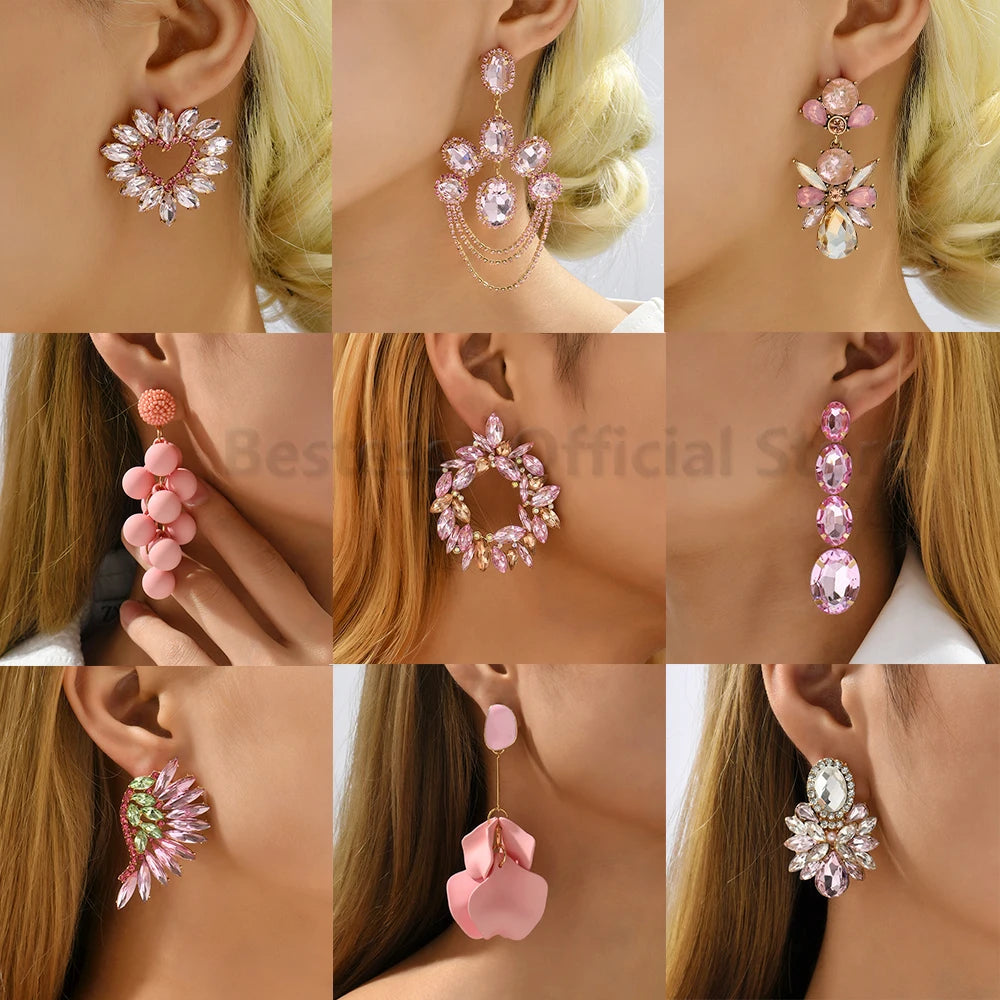 Earring Pink Luxury Crystal Drop Earrings For Women 2023 Trend Flower Petals Feather High Quality Ear Ring Party Romantic Jewelry Gifts
