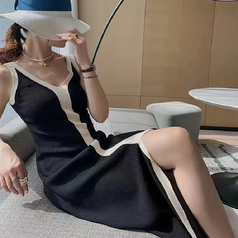 Knitted-Dress V-neck Maxi Dress Sexy Sling Sleeveless Dresses