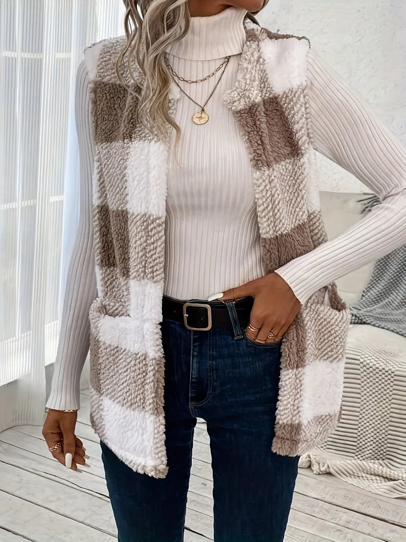 Plus Size 1XL-5XL Casual Jacket Women's Plaid Print Teddy Fleece Open Front Round Neck Vest Jacket