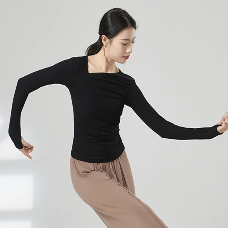 dancers
Modern Line Dance Top Women Long Thumb Finger Sleeve Training Tops Spliced Pleated Mesh Blouse Performance Costume Stage Clothes