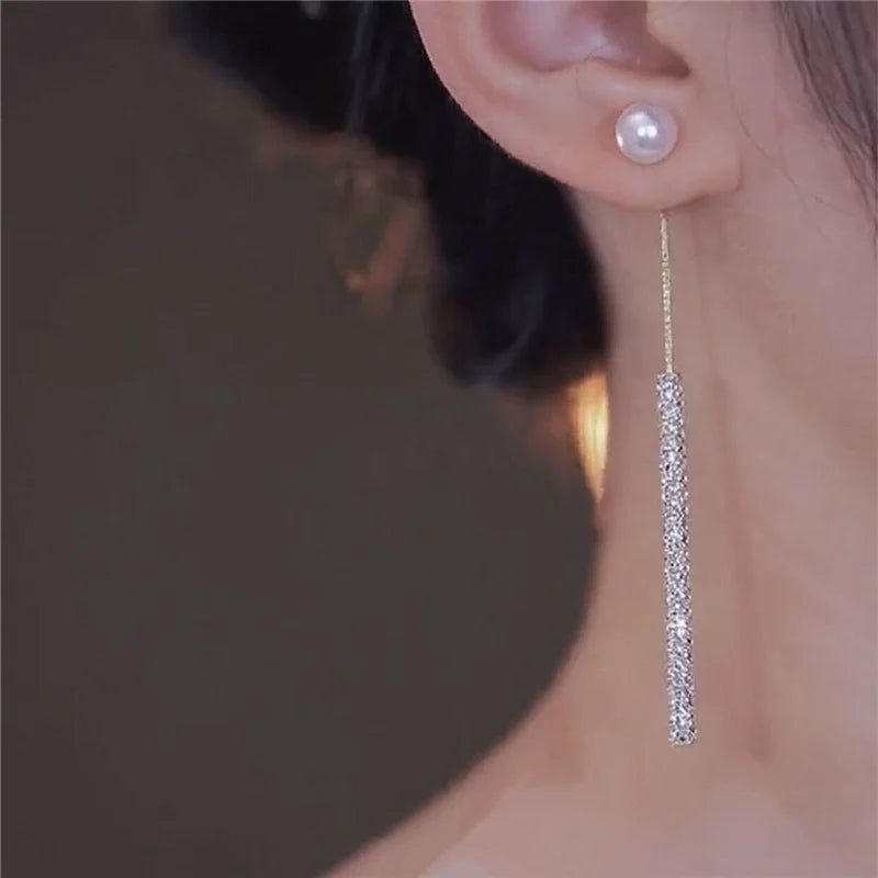 Earring Korean Long Tassel Pearl Dangle Earrings for Women Luxury Full Rhinestone Gold Color Drop Earrings Wedding Party Jewelry Gift
