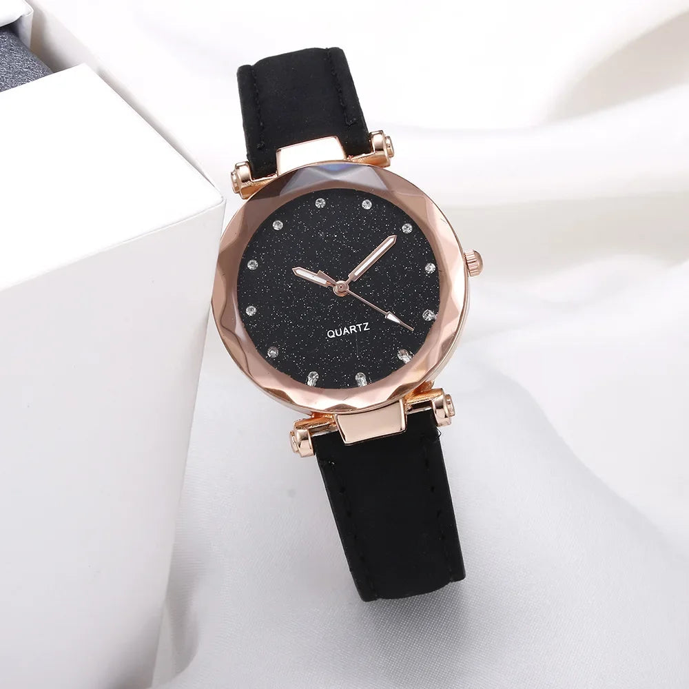 Women Watch Round Face Rhinestone Star Sky Silver Pink Women for Watch Leisure Fashion Trend Frosted Belt Vintage Black Quartz Wristwatch