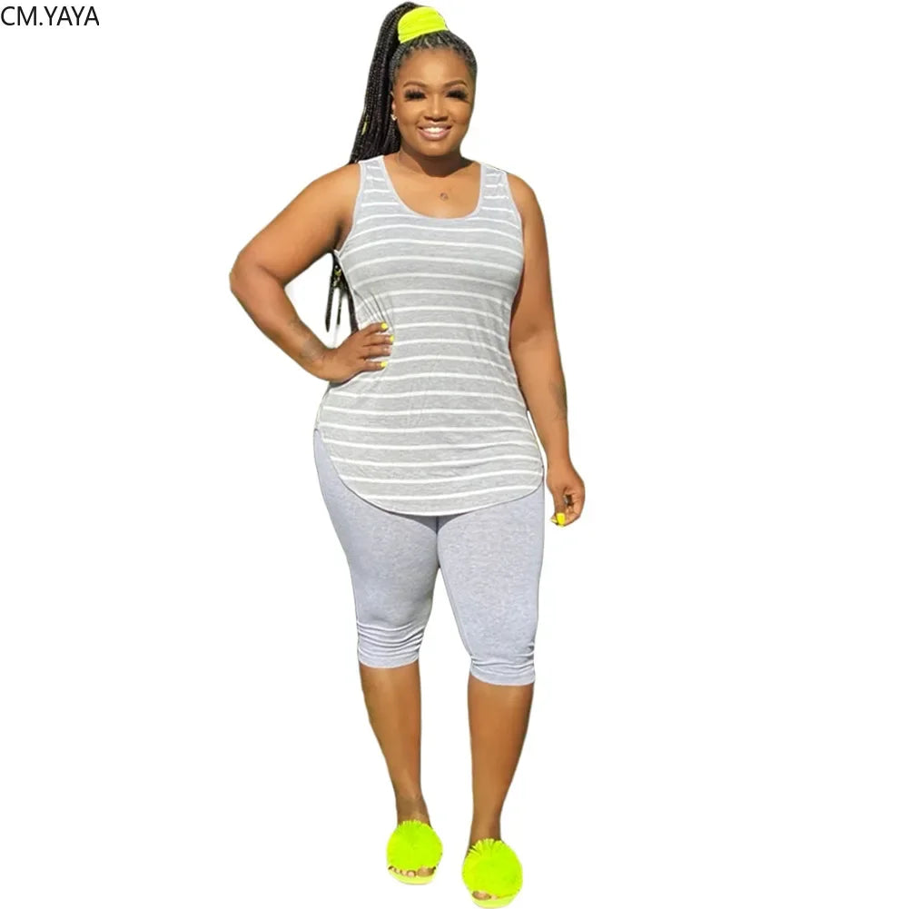 Plus Size XL-5XL Sport two piece set Tracksuit Striped Tank Tops Knee Length jogger Suit Sweatpants Matching Set