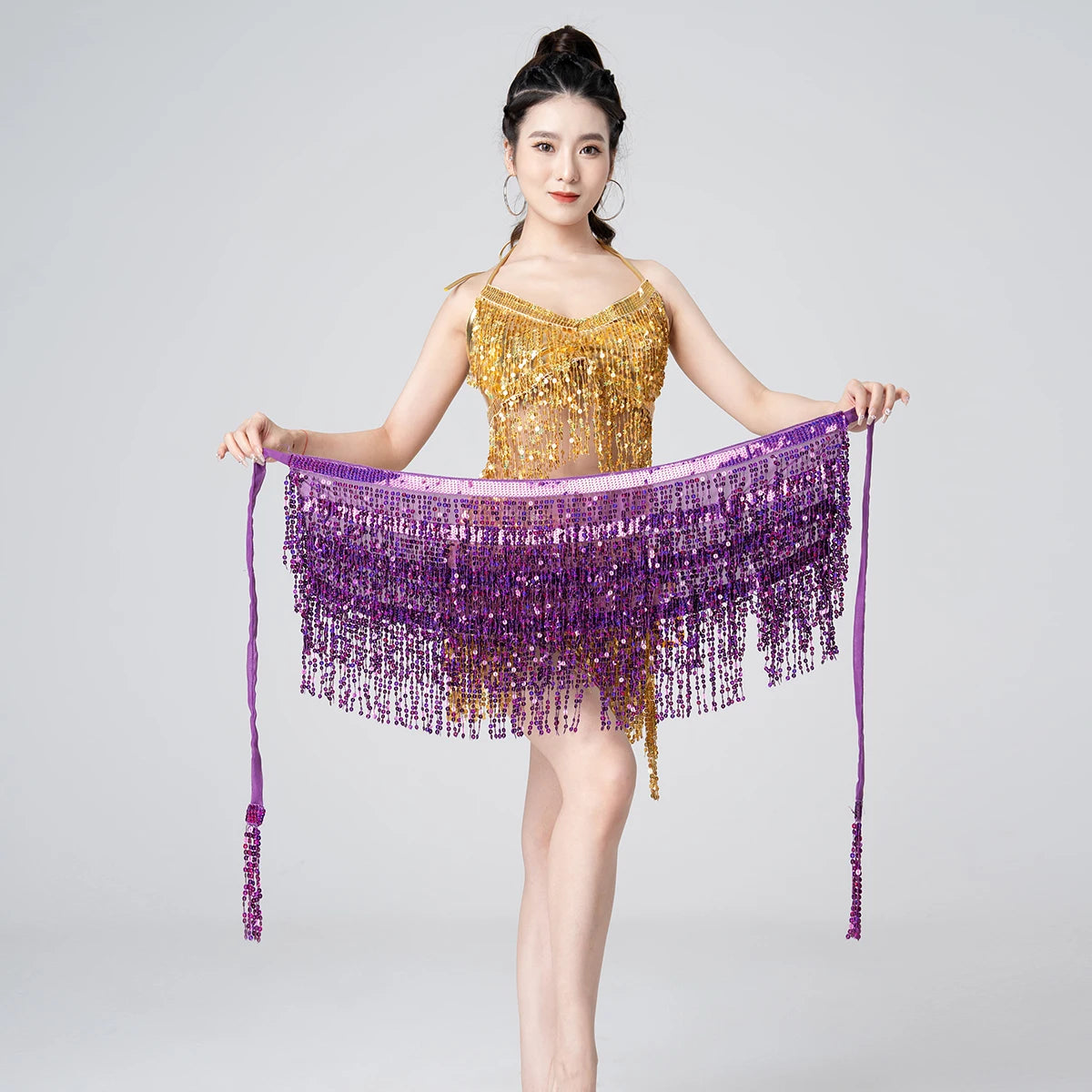 dancers
13 Colors Belly Dancing Tassels Hip Scarfs Women's Belt Accessories 4 Layers New Belly Dancer Belt Shinny Sequin Hip Scarf Lady